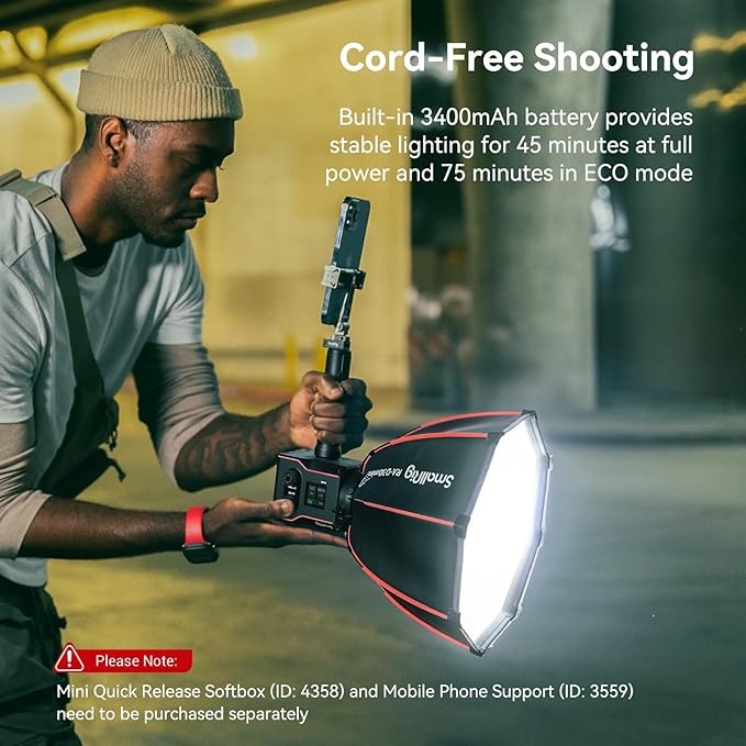 SmallRig RC 60B COB Video Light, 49Wh Battery 45min Runtime, 63W 11200lux CRI 97+ Bicolor LED Video Light, Portable Palm-Sized Continuous Output Light, for Photography/Video/Studio, Mobile Version