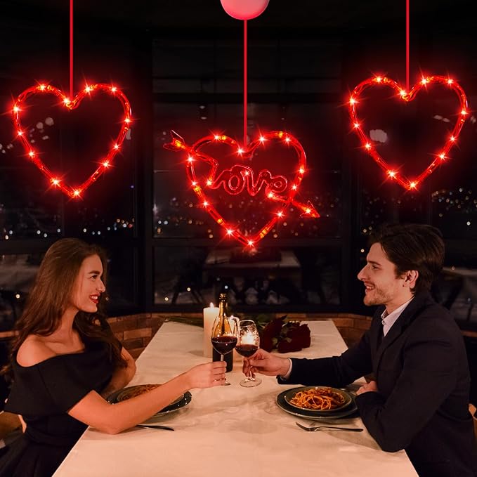 3 Pack Valentines Day Window Lights Decorations with Timer, Battery Powered Hanging Red Lighted Heart Shaped Silhouette Sucker LED Lamp for Fireplace Indoor Home Decor