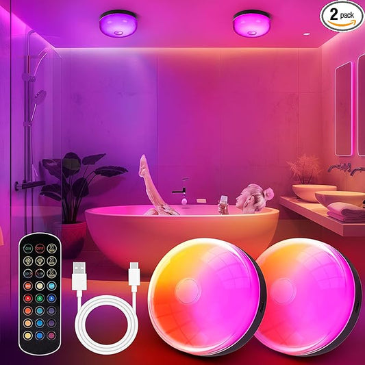2-Pack Rechargeable Shower Lights for Inside Shower, 15 RGBW Color Changeable Waterproof Lights for Shower with Remote(Dimmable＆Timer), Wireless LED Mood Lighting for Bathroom, Closet, Bedroom, Party