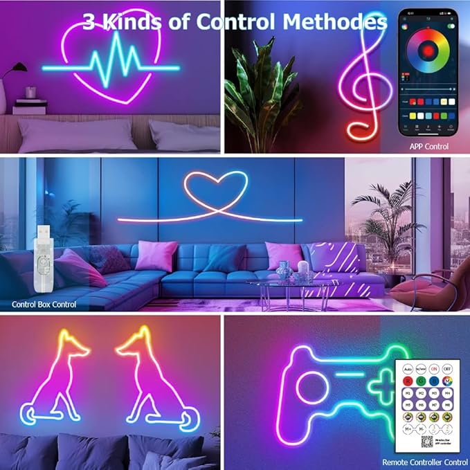 9.8ft LED Neon Rope Lights, RGB Plus IC Neon Strip Lights, IP68 Waterproof Dimmable Rope Light with APP Remote Control for Gaming Room Living Room Bedroom Indoor Outdoor Decor
