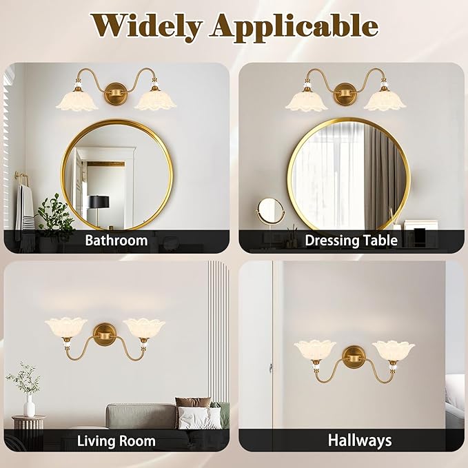 Vintage Bathroom Vanity Light, 2-Light Matte Brass Finish Vanity Light with Floral White Glass Shades, Retro Wall Sconce for Bathroom, Dressing Table