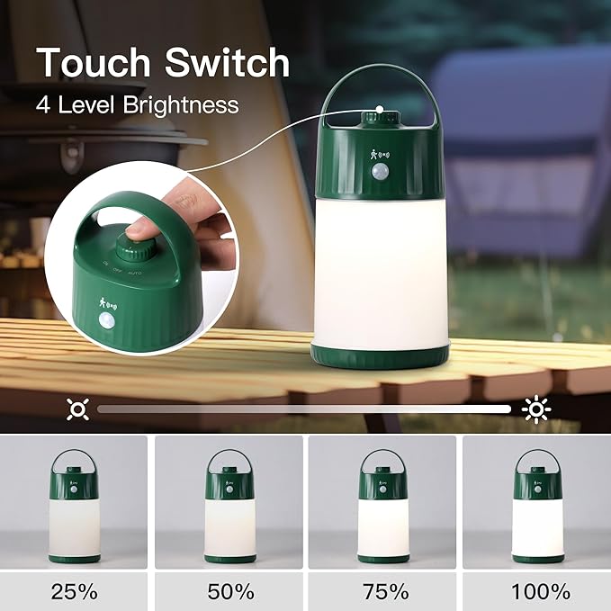 Motion Sensor LED Night Light - Cordless Battery Powered Table Lamp, Portable Lamps Lantern for Outdoor Camping Tents, 4 Brightness Level, Press Dimmable Safe Night Lights, 1 Pack (Green)