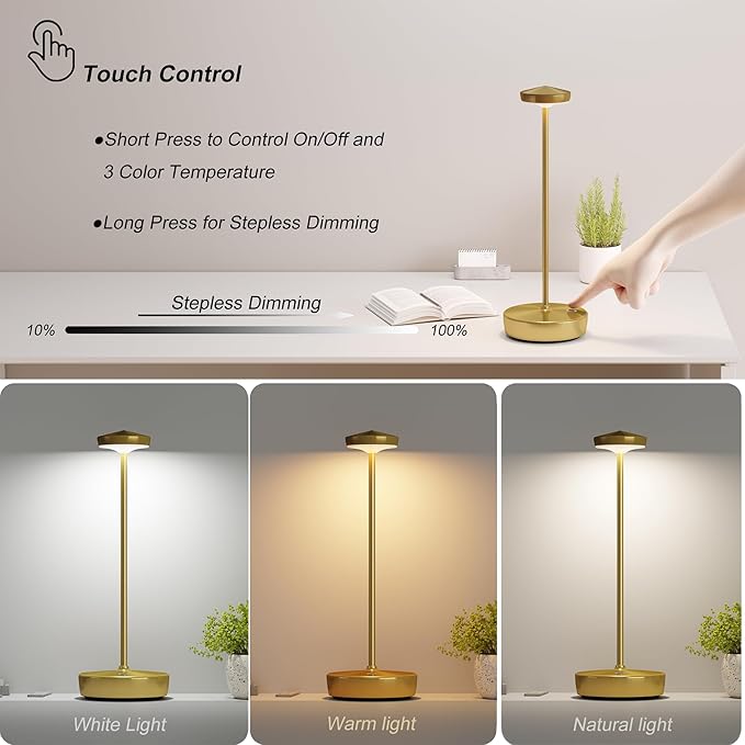 Cordless Table Lamp Rechargeable 2Pack - LED Battery Table Light with 3 Color Temperatures, Stepless Dimming, Waterproof Aluminum for Indoor Outdoor, Patio, Restaurant, Dinner (Brushed Gold)