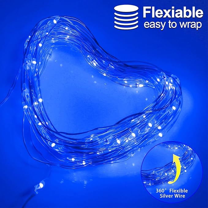 YAOZHOU Christmas Decorations Blue Fairy String Lights, Battery Operated with Timer, 2 Pack Total 33FT 100 Led Mini Battery Powered Mason Jar Waterproof Firefly Lights DIY Party