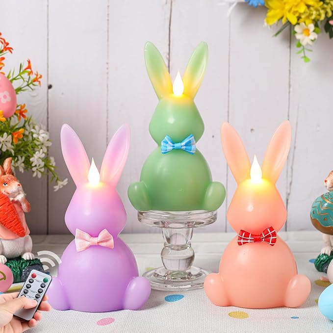 3PCS Easter Bunny Flameless Candles, LED Easter Candles Battery Operated Rabbit-Shaped Real Wax Pink Purple Green,Spring Party Decoration Centerpiece Table Home Decor (No Remote)
