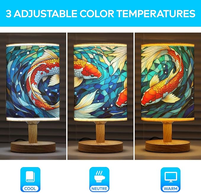 Koi Fish Table Lamp LED 3-Color Pressed Bedside, Koi Fish Shade Lamp with Wood Base for Bedroom Living Room Desk Office TL01