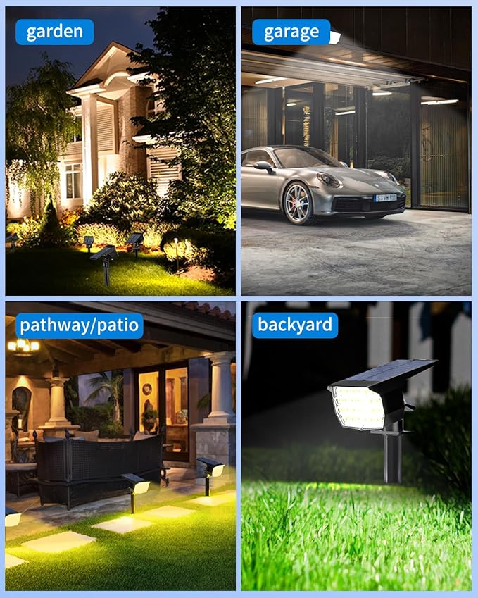 3 Colors Solar Lights Outdoor Waterproof IP65 Outdoor Solar Spot Lights for Yard 52 LEDs 600LM Solar Powered Landscape Spotlights Solar Security Wall Lights for Garden Pathway Outside- 6 Pack