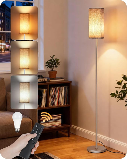 64.2'' Dimmable Floor Lamp for Living Room with Remote and Foot Switch, Corner Floor Lamp for Bedroom, Includes 10W A19 Bulb, Modern Standing Tall Lamp, ETL Listed Silver and Beige SE17LD05