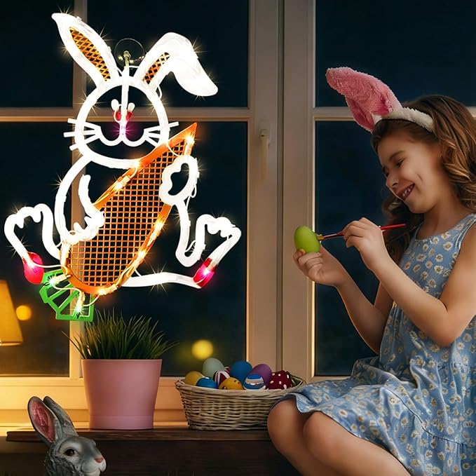 17" 35LED Lighted Bunny with Carrot Easter Decor - UL Certified, Cute Warm Glow, Window & Hanging Ornament, Indoor Holiday Decor,Beautiful Gift for Easter