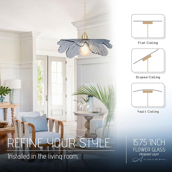 Glass Pendant Light fixtures Modern Large Pendant Light for Dining Room Mid Century Modern Pendant lamp with Blue Glass Shade Vintage Farmhouse Pendant Chandelier for Kitchen Island Bedroom