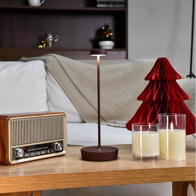 Cordless LED Table Lamp，Rechargeable Battery Desk Lamps, 3 Color Stepless Dimmable Metal Battery Table Lamps, Portable Waterproof Table Light for Indoor/Outdoor/Restaurant (Rust)