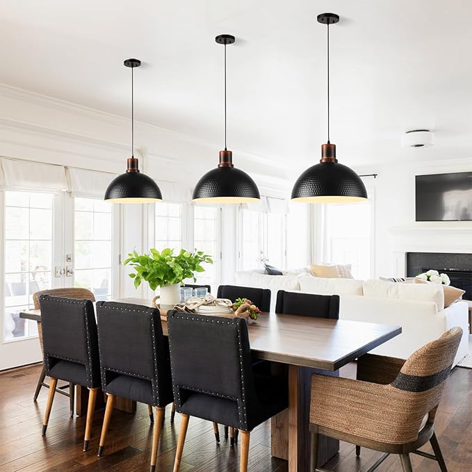 2 Pack Solid Wood Pendant Lights,16" Hammered Metal Black Finish Hanging Lighting Modern Lamp Industrial Dome Ceiling Light Fixtures for Kitchen Island Farmhouse Dining Room