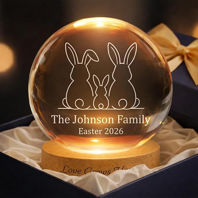 Personalized Easter Family Bunny Crystal Ball LED Night Light, Custom Family Name Glass Globe Lamp with Year, Engraved Rabbit Silhouette Keepsake Gift for Spring Home Decor