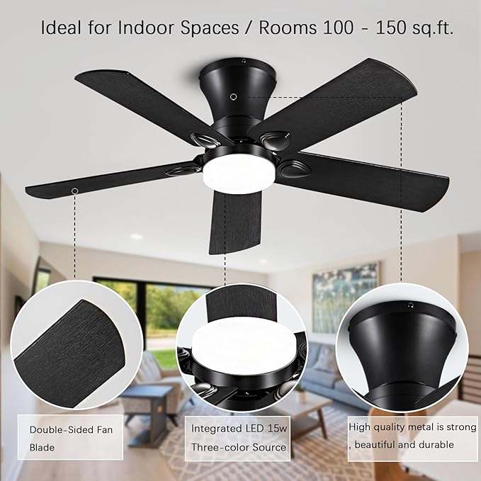 Ceiling Fans with Lights, 42 inch Low Profile Ceiling Fan with Light and Remote Control, Flush Mount, Reversible, 3CCT, Dimmable, Noiseless, Black Ceiling Fan for Bedroom, Indoor/Outdoor Use