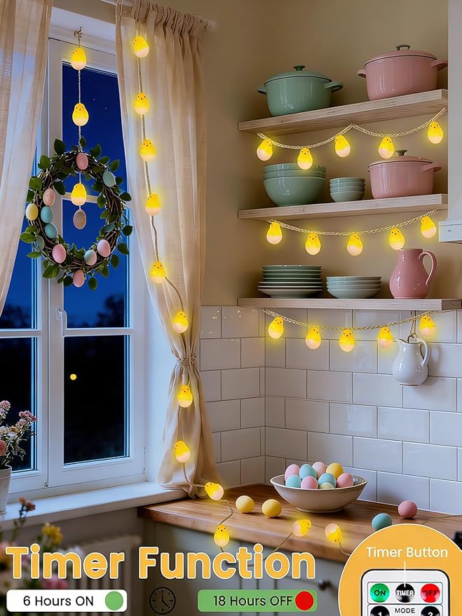 Easter Decoration String Lights, 10 FT 12 LED Eggshell Chicken Mantel Garland Battery Operated with Remote Timer 8 Modes, Hemp Rope Banner for Fireplace Table Wall Spring Party Indoor Outdoor Decor