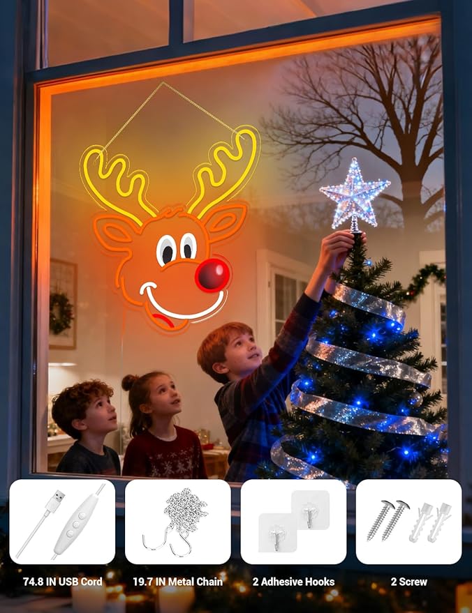 Christmas Elk Window Lights Decor Indoor, Deer Christmas Window Light Decorations for Holiday Indoor Bedroom Wall Door Glass Decorations (Elk)