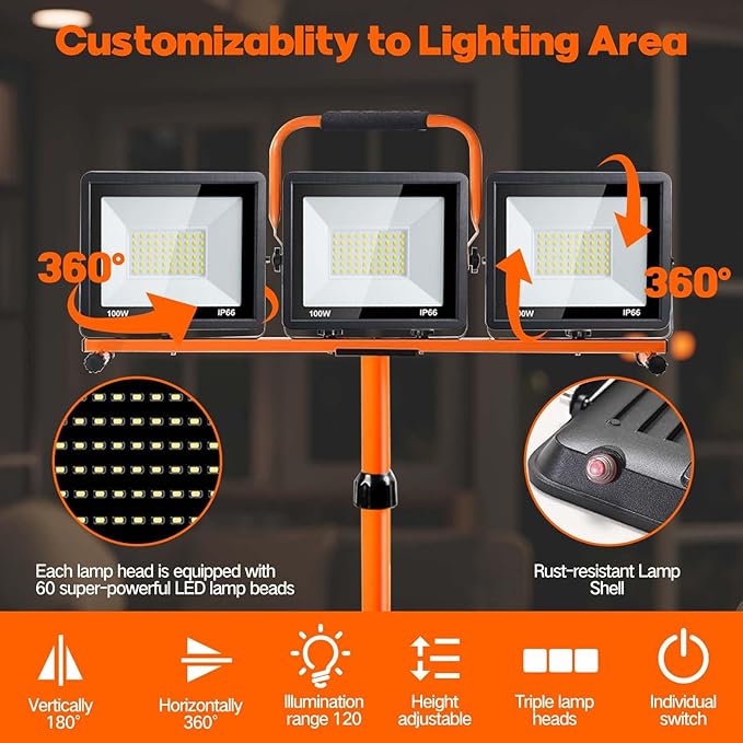 21000 Lumen Work Lights with Stand, 3 Adjustable Head LED Work Light, with Adjustable and Foldable Tripod Stand, Waterproof Lamp with Individual Switch with 6500 Kelvin Color Temperature