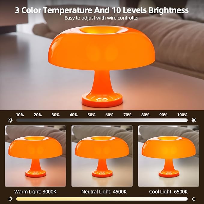 Cordless Mushroom Table Lamp, Rechargeable Orange Bedside Lamp with Touch Control and 3 Color Stepless Dimming, Portable Desk Lamp for Dinner/Restaurant/Bedroom (W11'' x H7.67'')