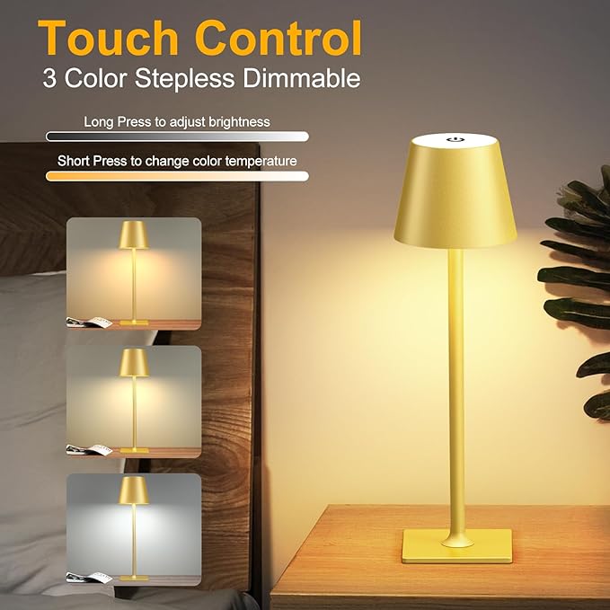 4 Pack Gold Cordless Table Lamp: 6000mAh Battery Operated Touch Lamp Outdoor Table Lights, 3 Color Stepless Dimming, Waterproof Wireless Portable Desk Lamp for Indoor Table Living Room Camping Cafe