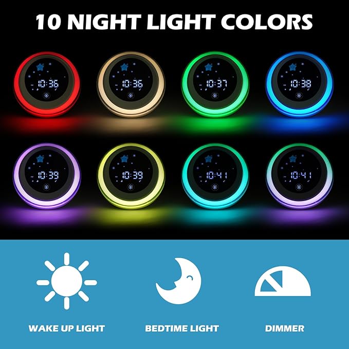 Kids Alarm Clock, Ok to Wake Clock with Sun & Star, Sound Machine, Night Lights, Nap Timer, Sleep Training Clock for Toddlers, Child