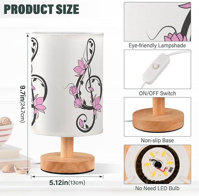 Treble Clef Music Note Pink Flower Floral Branch Table Lamp with Wood Base Fabric Lamp Shade Bedside Nightstand Desk Lamp for Living Room Bedroom Kids Room Office