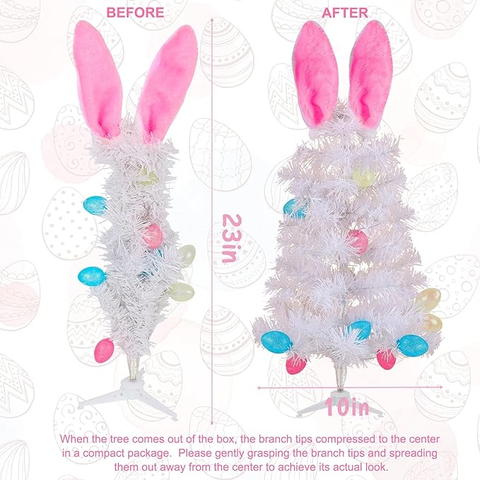 Dynaming 2 Pack Easter Table Decorations, 23 Inch Lighted Easter Bunny White Tree, Pre-lit Artificial Tabletop Tree with Ears & Eggs, Battery Operated Light Up for Indoor Spring Home Bedroom Decor