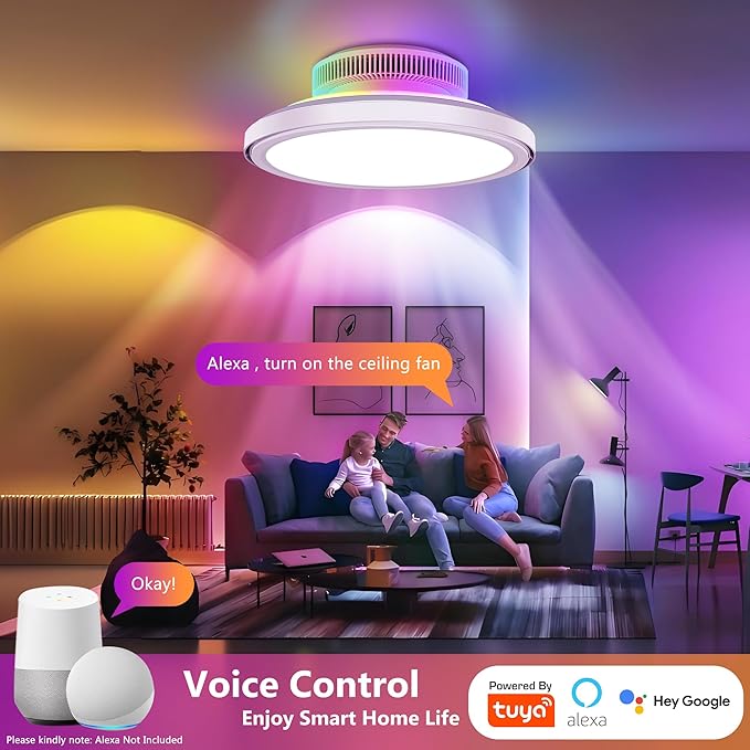 18" Bladeless Ceiling Fans, Low Profile Ceiling Fan with Light, RGB Ceiling Fan Support Alexa with Voice/Remote/APP Control, 6 Speeds Modern Flush Mount Smart Ceiling Fans for Bedroom, White