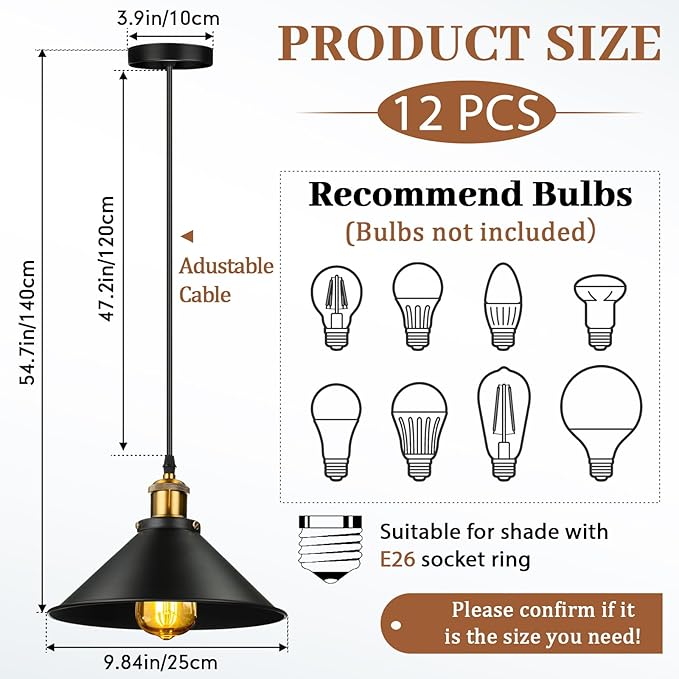 Retisee 12 Pcs Industrial Pendant Light Vintage Metal E26 Base Hanging Light Rustic Dome Pendant Lamp Fixture Farmhouse Kitchen Hanging Ceiling Lamp for Dining Room Bedroom Hallway Bar(Black)