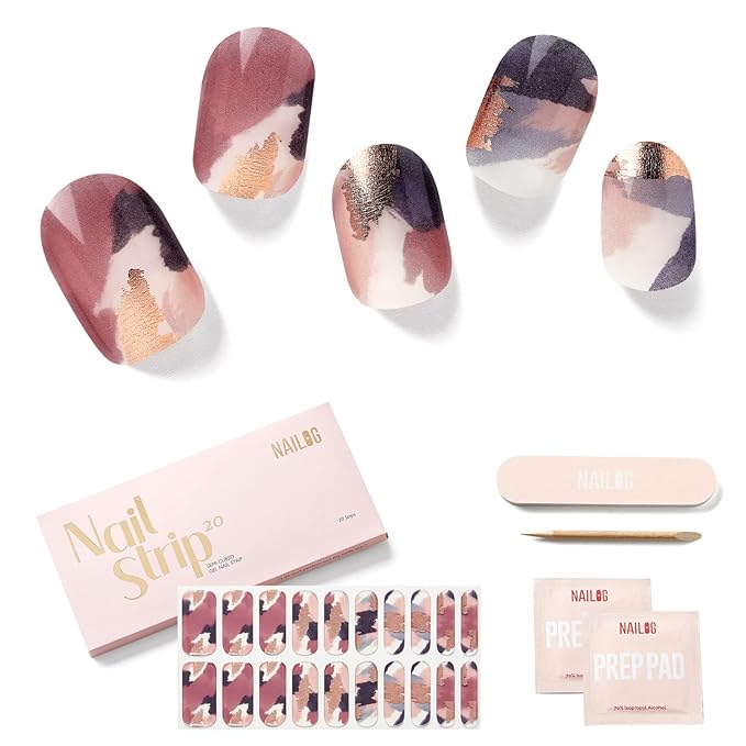 NAILOG Semi Cured Gel Nail Strips, 20Pcs Artistic Ink Painting Lasting Gel Nail Stickers, Salon Quality Easy Apply & Remove Works with Any UV/LED Nail Lamps, Marble Inkies