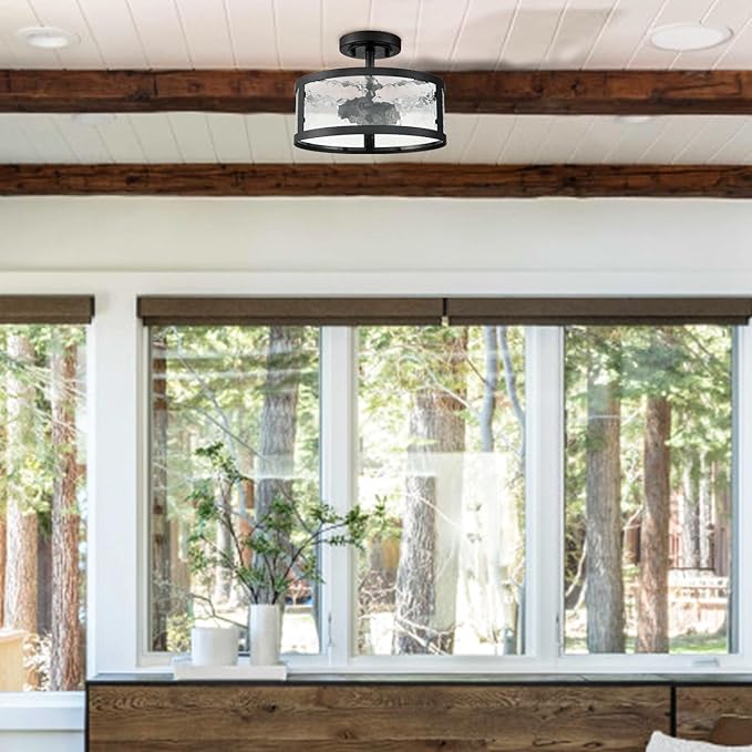 Farmhouse Semi Flush Mount Ceiling Light Black Light Fixtures Ceiling Mount 2-Light with Hammered Glass for Bedroom Kitchen Bathroom Entryway Proch