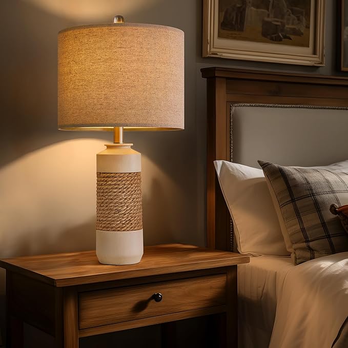 OYEARS 23.75" Bedside Table Lamps Set of 2 for Sleeping and Reading, Vintage Farmhouse Rattan Table Lamp Antique White Resin Lamp for Decoration, Office Living Room Bedside Table