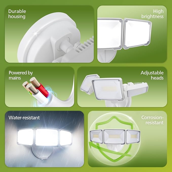 Philips 72W 7400LM LED Flood Lights Outdoor, Switch Controlled Aluminum Security Lights, 3 Adjustable Heads, Wall Mount, 5000K Daylight, Waterproof for Yard, Garage