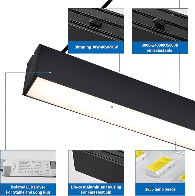 4FT 50w Led Linear Light, Fixture 0-10V Controlled Dimming 3000K 4000K 6000K Color Changing, Black Ceiling Shop Light, Suspended Office Lighting Fixture 2 Packs