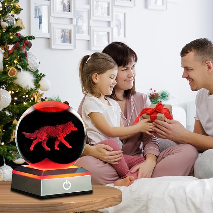 3D Wolf Crystal Ball Night Light 3.15 inch Glass Ball Table Lamp with Color Changing Touch Base Decor Ideal Wolf Statue Decor Gifts for Friends Kids Christmas Birthday