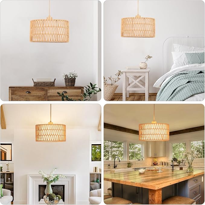 Plug in Pendant Light Rattan Hanging Lamp, Boho Hanging Lights with Paper Woven & Fabric 2 in 1 Shade, 3-Way Dimmable Bulb Included, Ceiling Light Fixture for Living Room,Bedroom,Farmhouse