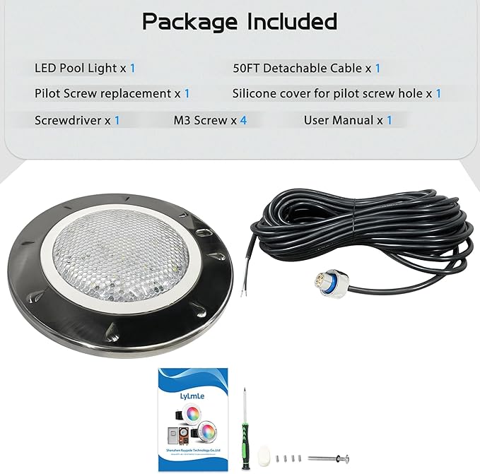 LyLmLe Pool Light for Inground Pools, 65W 10 Inch RGBW Multicolor Inground Pools Light, 316 Stainless Steel, 12V Color Changing LED Pool Lights for 10" Niche, 50ft Cord, Without Transformer Controller