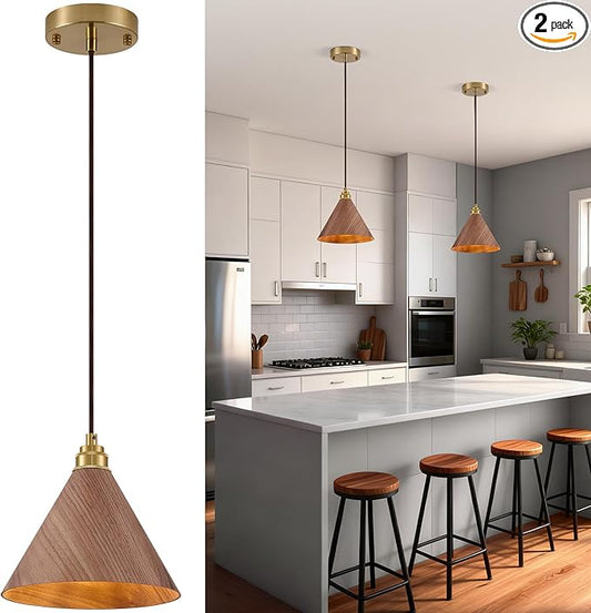 2 Pack Pendant Lights Kitchen Island, 8.3” Modern Pendant Light, Adjustable Height Wood Hanging Light, Kitchen Island Light fixtures for Dining Room, Bedroom, Hallway, Bar (Walnut)