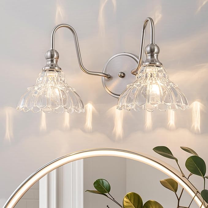 Vintage Bathroom Light Fixtures Over Mirror, 2-Light Brushed Nickel Wall Sconce Lighting with Flower Glass Shade, Farmhouse Vanity Lights for Bedroom Kitchen Living Room Hallway Light