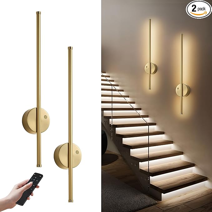 Motion Sensor Battery Operated Wall Sconce Set of Two - Modern Rechargeable Wireless Wall Lights with Remote Control, Dimmable, 3000K/4000K/6000K, Timer for Living Room, Hallway,23.6 Inch, Brass