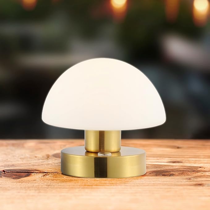 JONATHAN Y 5.75" Brass Gold/White Rechargeable Portable LED Table Lamp, Cordless Mushroom Accent Light for Bar, Nightstand, with Frosted White Glass Shade (JYL7113C)