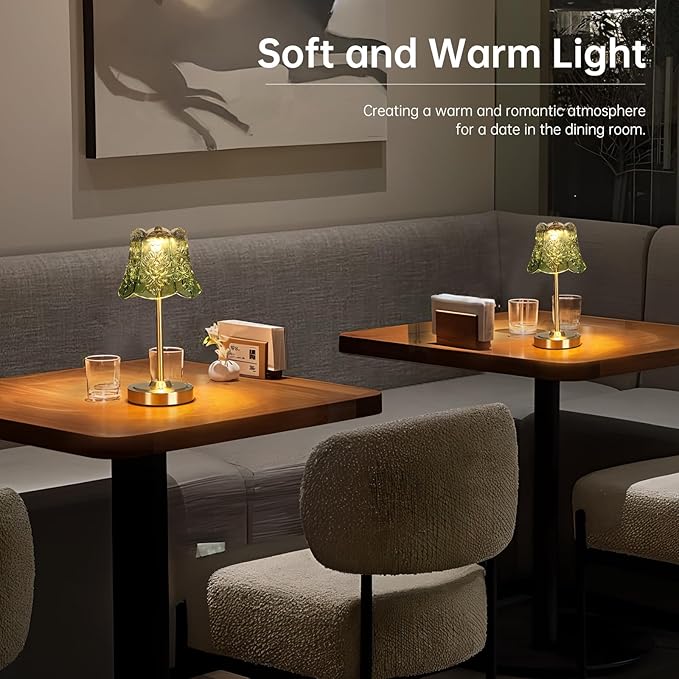 Cordless Touch Table Lamp with 5200mAh Battery - 3 Adjustable Color Temperatures & Dimmable, Rechargeable Desk Lamp for Bedroom, Living Room, Office, Entryway, Bookshelves (Green Rose)