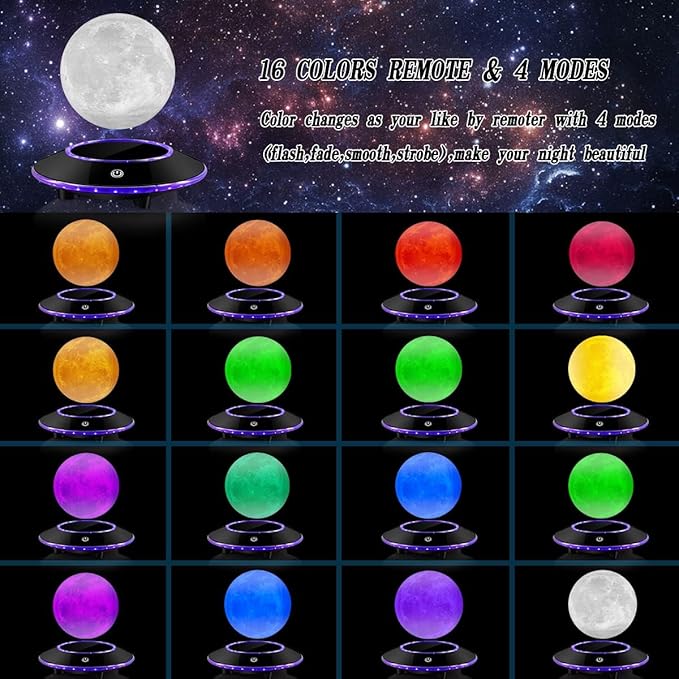 VGAzer Levitating Moon Lamp,Floating and Spinning in Air Freely 16 Colors with Gradually Changing LED Lights for Home,Office Decor,Unique Holiday Gifts,Night Light (White Moon)