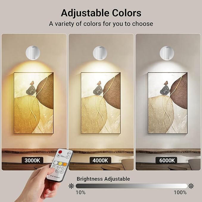 Wireless Led Spotlight Indoor, Plant Spotlight Indoor with Remote Dimmable, 350° Rotate, Rechargeable Uplighting Battery Powered Ceiling Light for Artwork Painting Plant Picture Lights-White