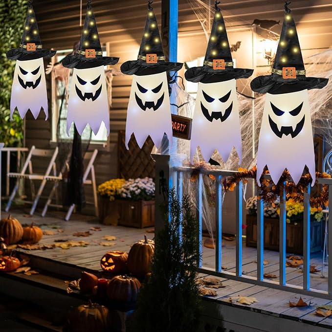 Halloween Decorations Outdoor, 5 PCS Hanging Lighted Glowing Ghost Witch Hat Outdoor Ornaments, Halloween Decor for Party Home Tree Garden Yard Party Favors