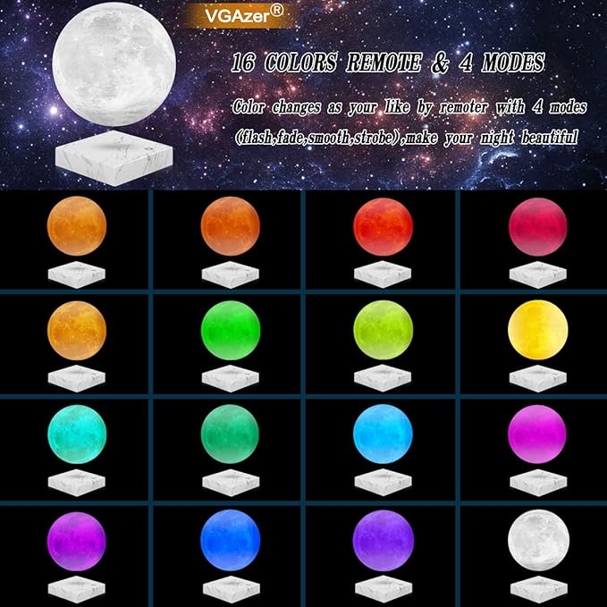 VGAzer Levitating Floating Moon Lamp With 16 Colors,Spinning Night Light,Galaxy Moon Light for home offcice Decro, Gift Light for Kids Lover Friends