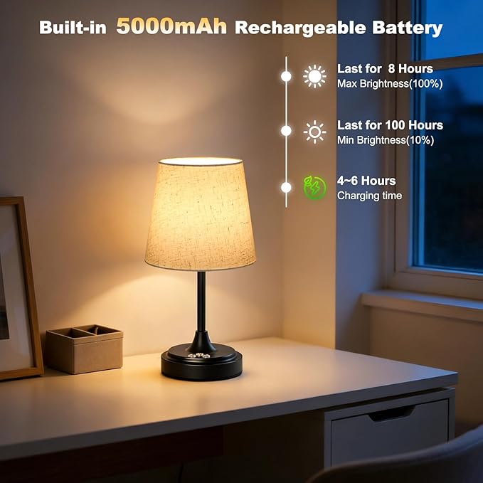 Small Cordless Table Lamp Rechargeable,5000mAh Battery Operated Desk Lamp,3 Colors & 7 RGB Stepless Dimmable,Touch Ambient Light for Bedside,Bedroom,Dining Room,Living Room,Black,FlaxenShade