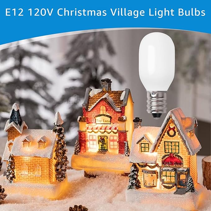 12 Pcs Christmas Village Replacement Light Bulbs, E12 Candelabra Base T20 LED Bulbs,120V 0.7W Replace Bulbs Accessories for Villages Houses Dept 56, Christmas Tree, Halloween Pumpkin Holiday Decor