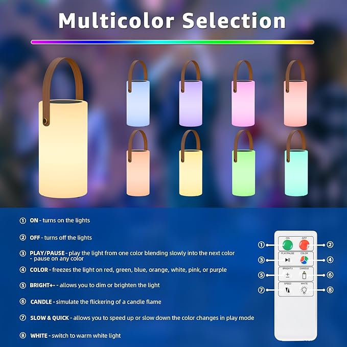 uuffoo Solar Table Lamp Outdoor Lantern 2 in 1 Rechargeable Battery Operated Portable LED Cordless Lights with Remote 8 Colors, Waterproof IP44 for Patio Camping Outside/Indoor