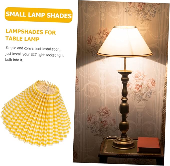 Vaguelly Small Pleated Drum Lampshade for Table Lamp Iron Frame with Yellow Plaid Fabric Easy Installation for Bedroom Living Home and Office Use