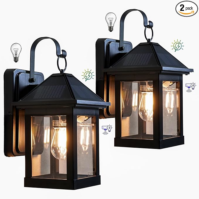 2 Pack Solar Outdoor Wall Lights for Fence Front Door Waterproof Dusk to Dawn Motion Sensor LED Sconce with 3 Modes,3000K E26 Bulb Included,Exterior Porch Lamps Wall Mount Patio Decorative